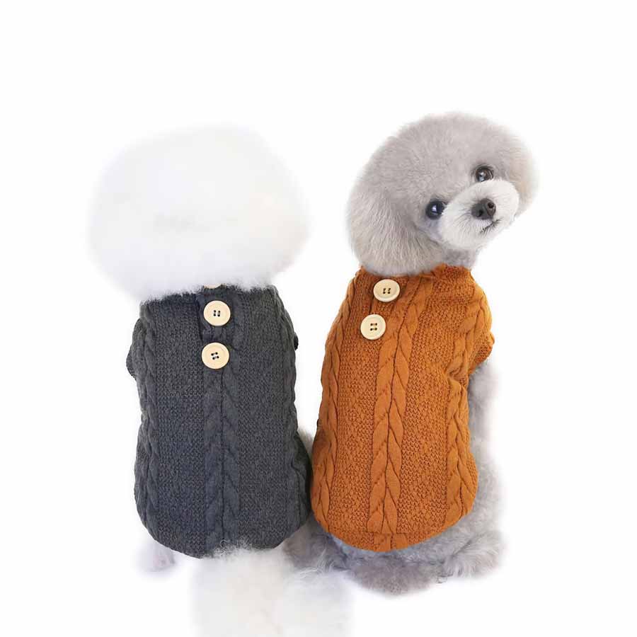 Toy Poodles, wearing Charcoal and Copper Cable Knit Button Me Up Dog Sweaters with big buttons from online posh puppy boutique they made me wear it.