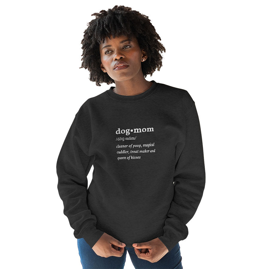 Woman wearing Charcoal Gray Dog Mom Defined Crewneck Sweatshirt from online outerwear and activewear clothing store for pet parents, they made me wear it.