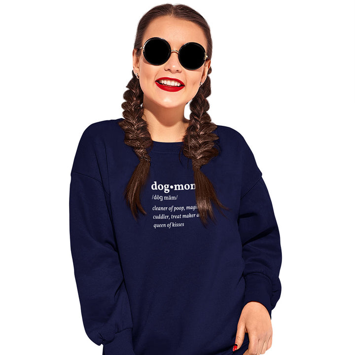 Woman with braids and sunglasses, wearing Navy Dog Mom Defined Crewneck Sweatshirt from online outerwear and activewear clothing store for pet parents, they made me wear it.